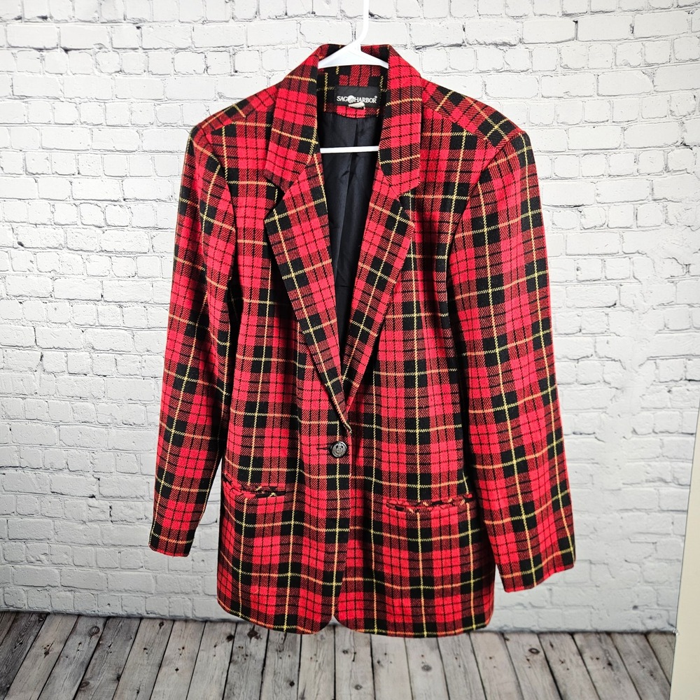 Sag Harbor Vintage Red Plaid Wool Blend Blazer Jacket Size 16 3629LI-3409